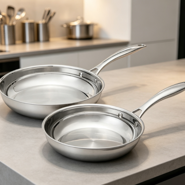 Stainless Steel Frying Pan 2 Piece Set, Even Heat Distribution For Induction