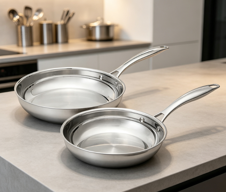 Stainless Steel Frying Pan 2 Piece Set, Even Heat Distribution For Induction